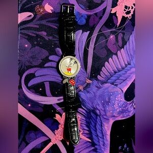 Vtg. DISNEY Mickey Mouse Crystal Dial Black Crocodile Leather Watch